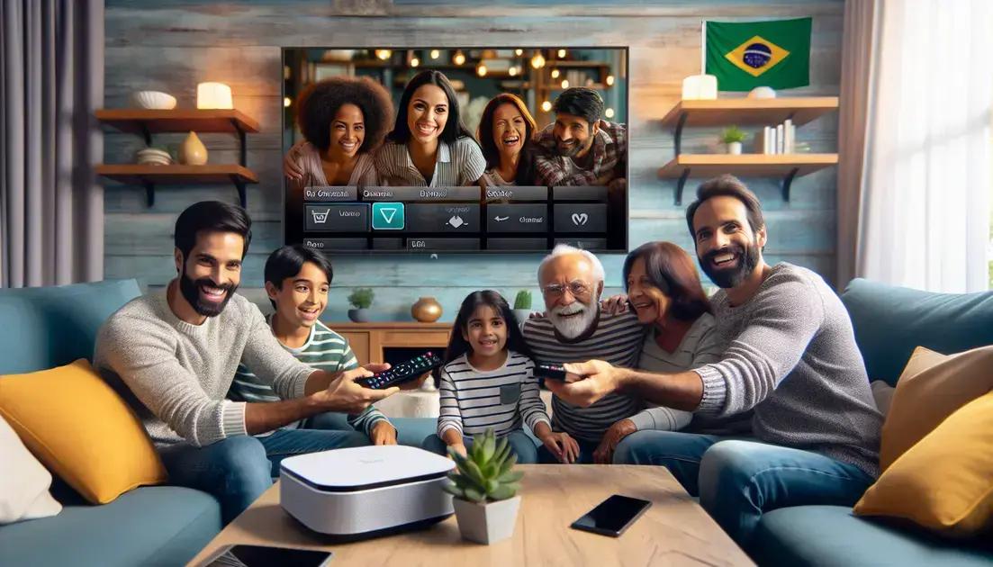 Configure o aparelho ajustando idioma, canais e atualizações de firmware para uso no Brasil.